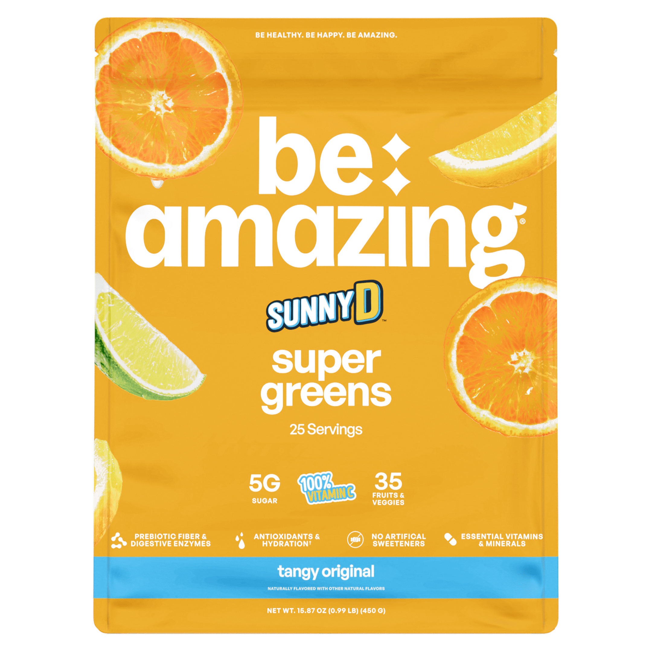 Bright image of Be Amazing Super Greens powder in a bag with Tangy Orange flavor, showcasing vibrant packaging and fresh ingredients.