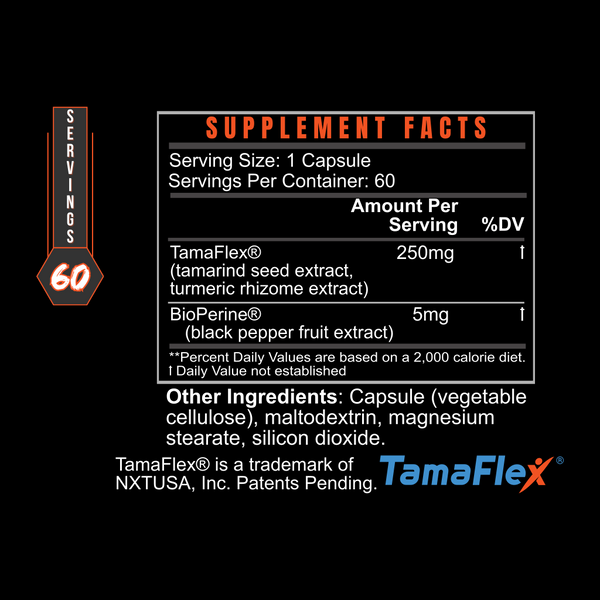 BlackLabel Supplements TAMAFLEX vitamins and supplements bottle with label visible, showcasing the product's health and wellness packaging.