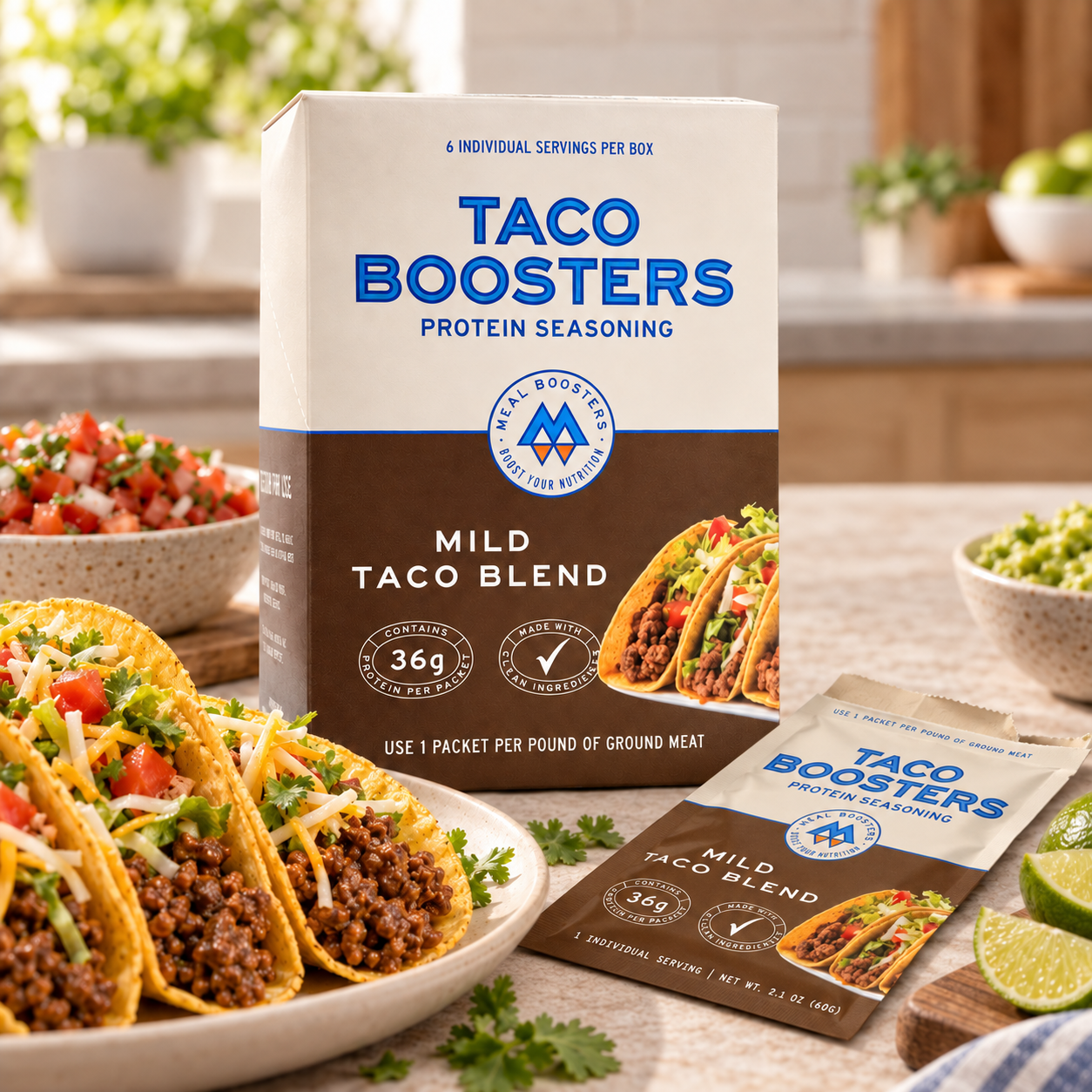 Meal Boosters Taco Boosters Mild protein powder box, featuring colorful packaging with taco graphics and product branding.