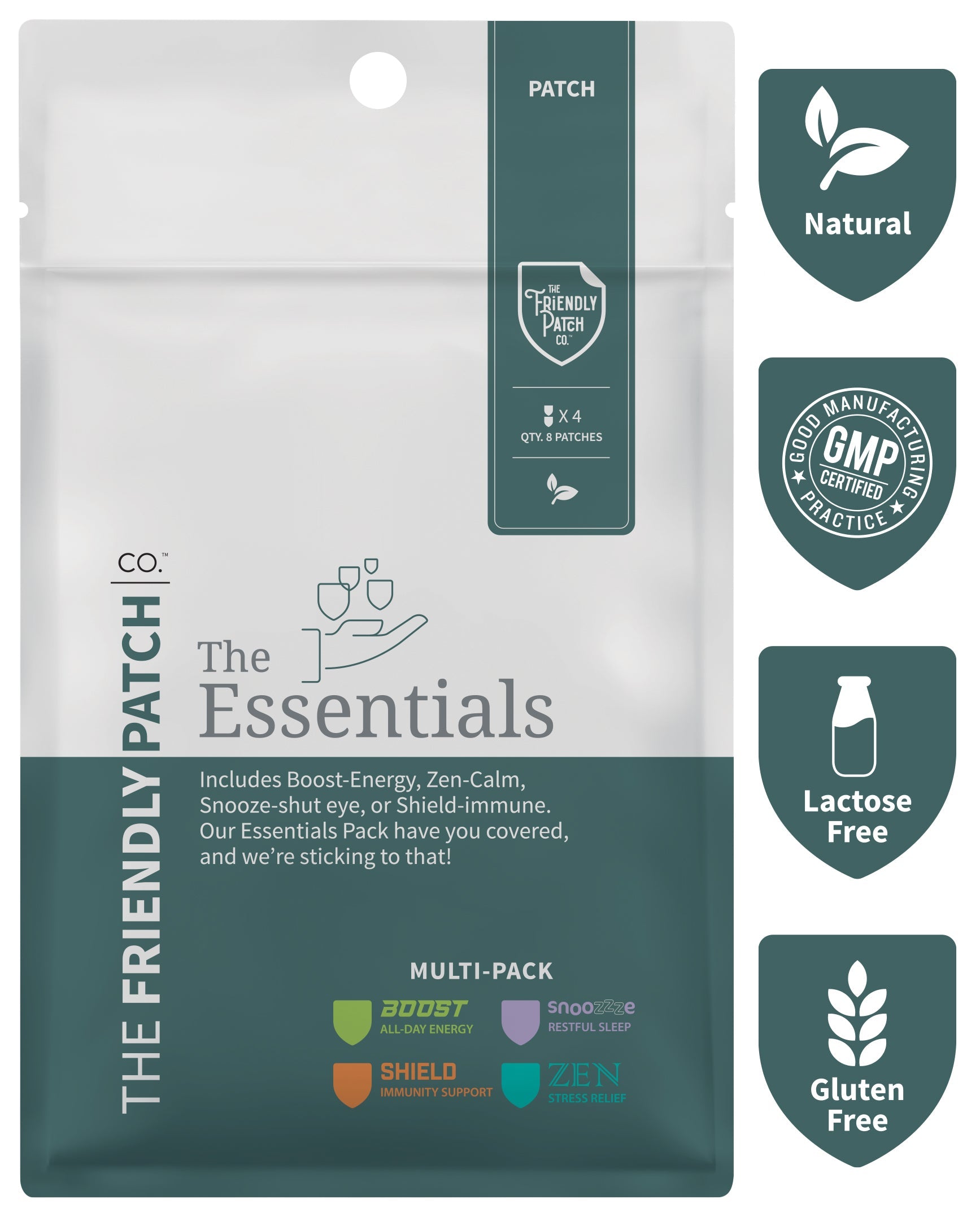 Set of four Essentials Vitamin Patches from Friendly Patch Co for energy, sleep, stress relief, and immunity support in an 8-pack.