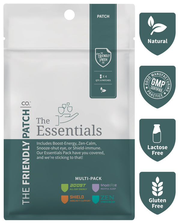 Set of four Essentials Vitamin Patches from Friendly Patch Co for energy, sleep, stress relief, and immunity support in an 8-pack.