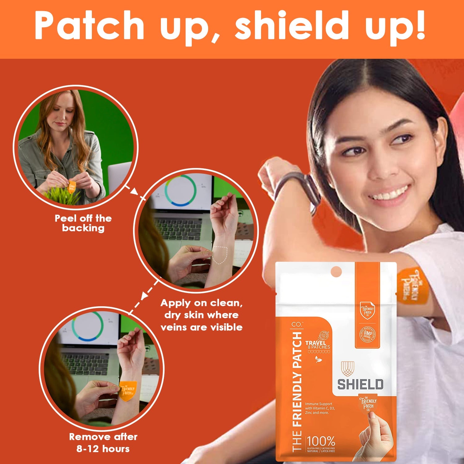 Set of 8 Shield Wellness immunity patches by Friendly Patch Co, wearable skin supplement travel patches on a white background.
