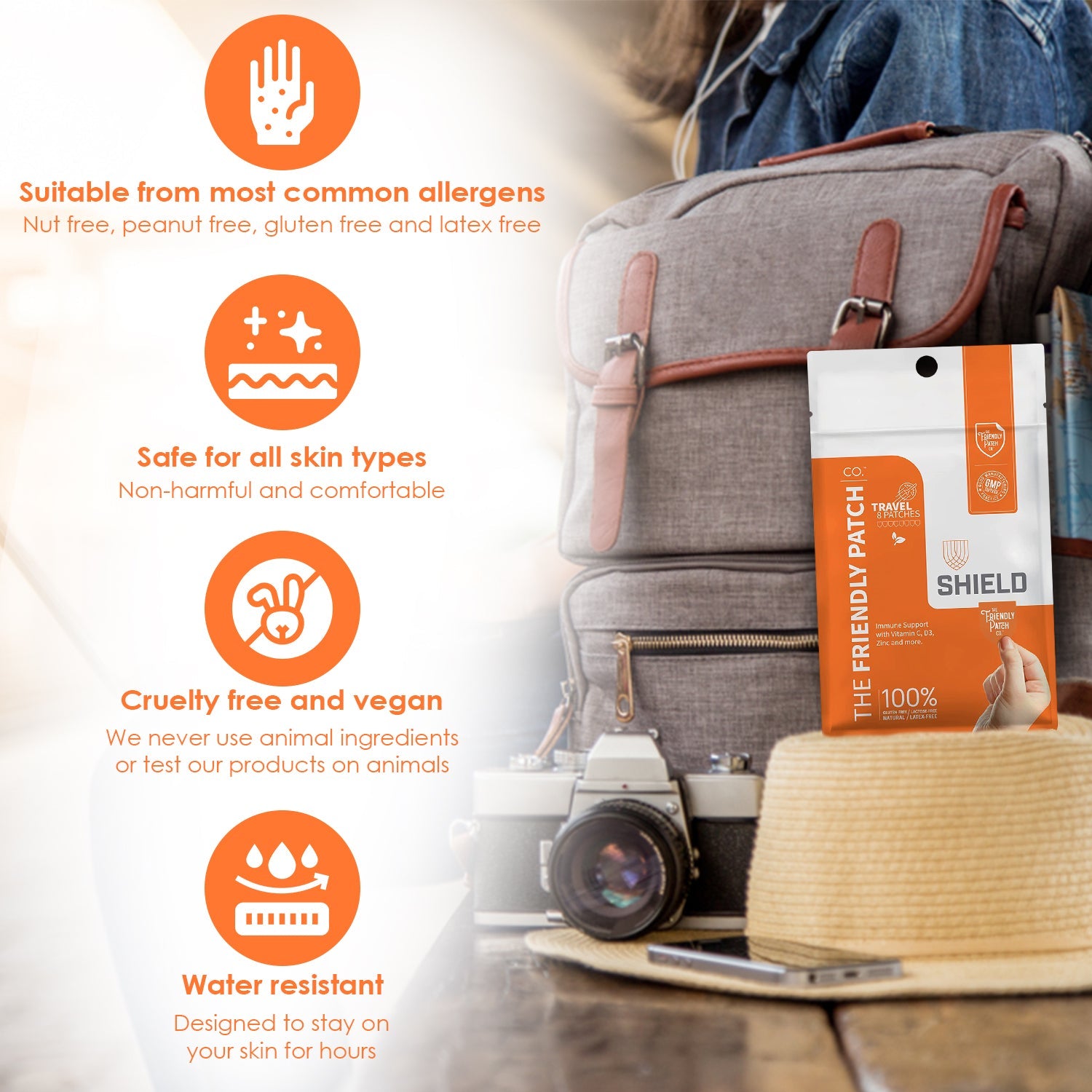 Eight Shield Wellness immunity patches by Friendly Patch Co, wearable skin supplement for immune support during travel.