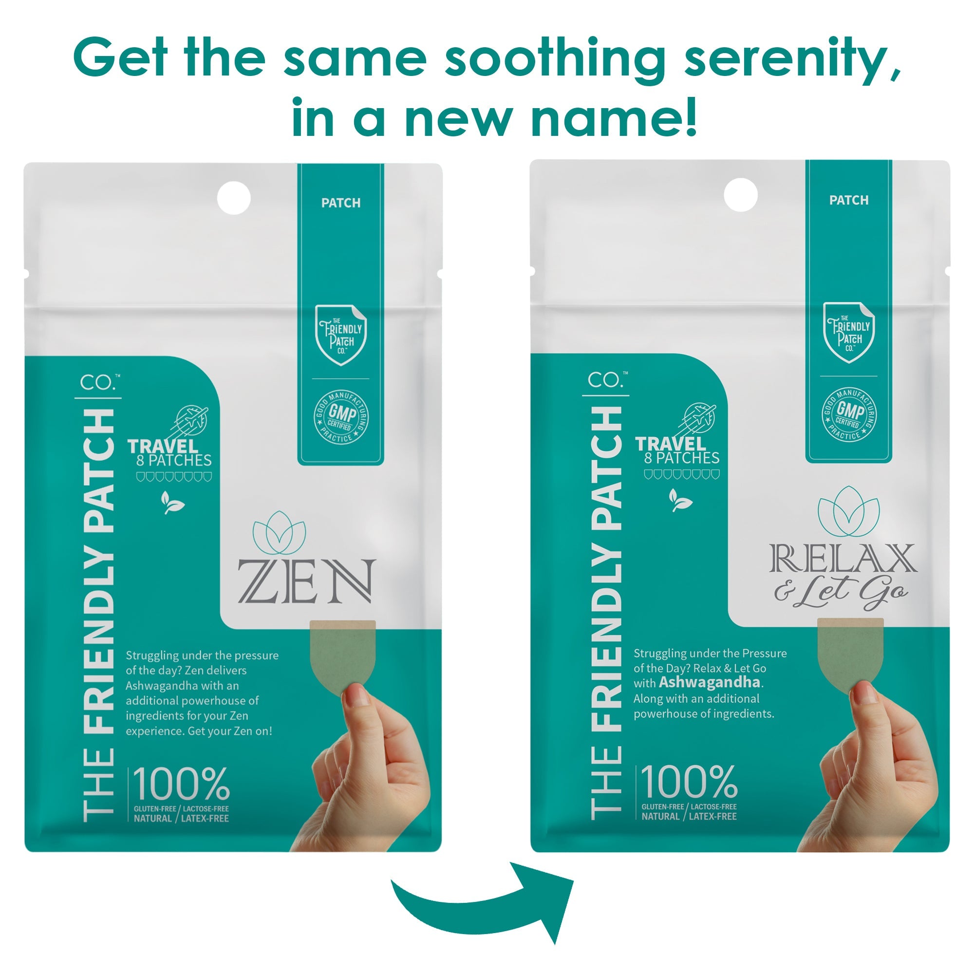 Eight Zen Relax & Let Go travel patches by Friendly Patch Co, wearable skin supplement for stress relief and calm.