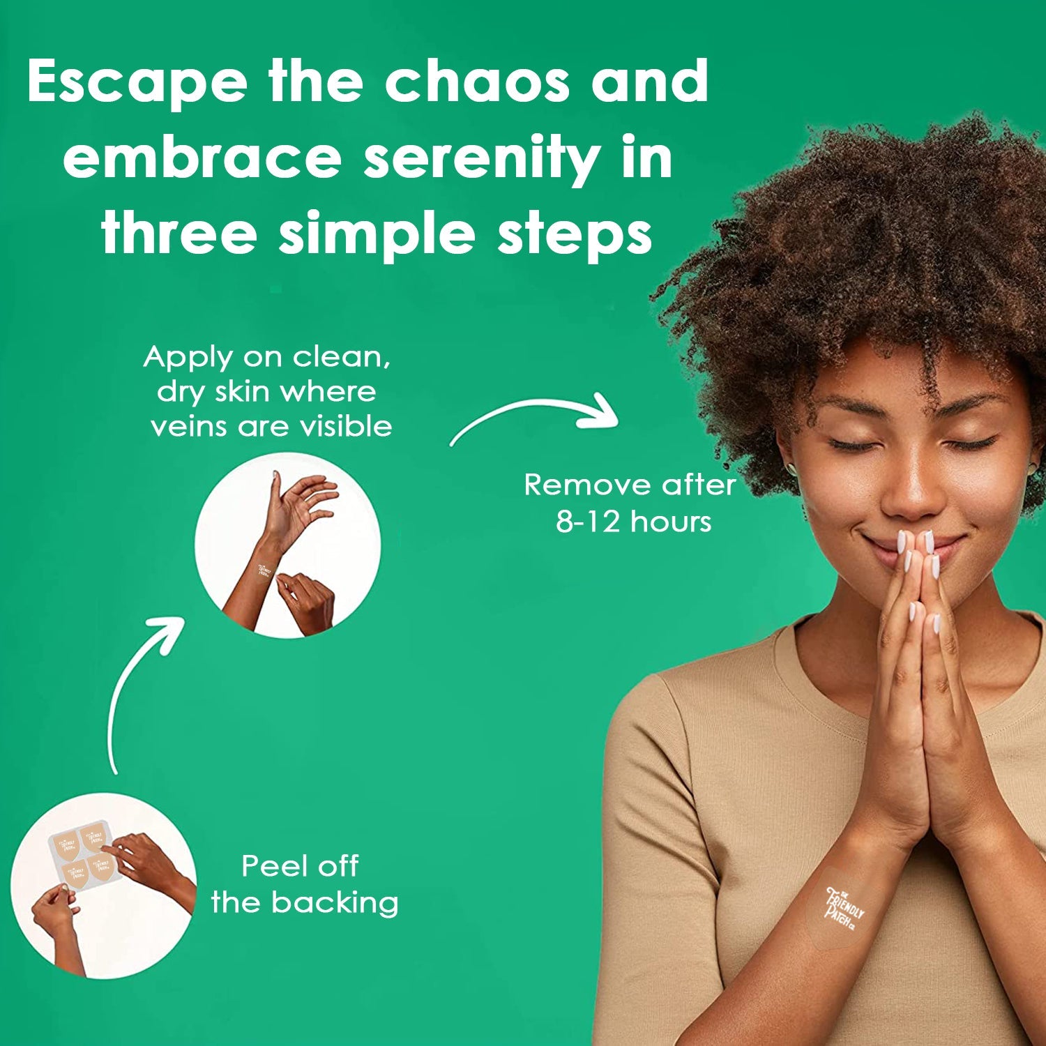 Relax & Let Go Zen stress patches by Friendly Patch Co with Ashwagandha, L-Theanine, GABA, shown on skin for stress relief.