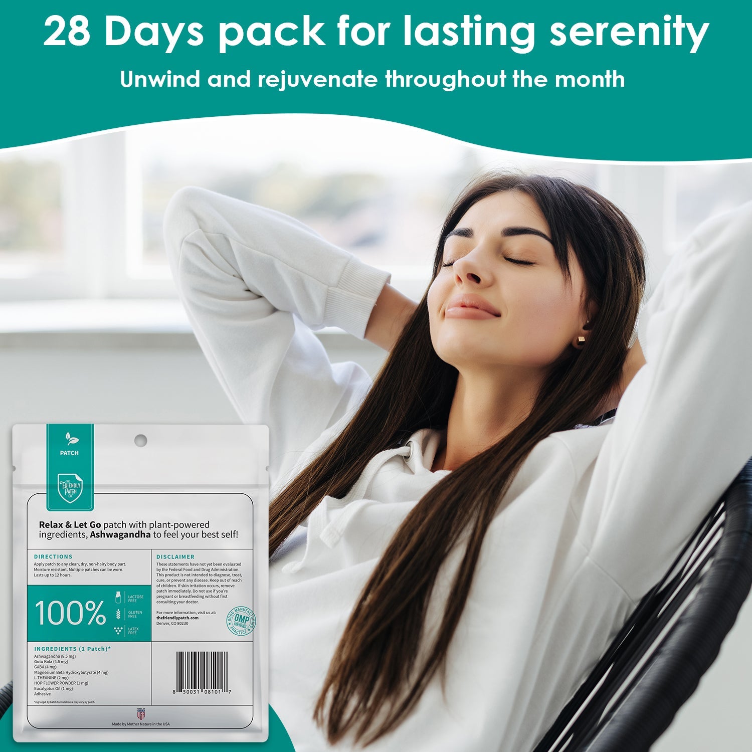 Friendly Patch Co Zen Stress Patches with Ashwagandha, L-Theanine, GABA, 28 wearable skin supplement patches for stress relief.