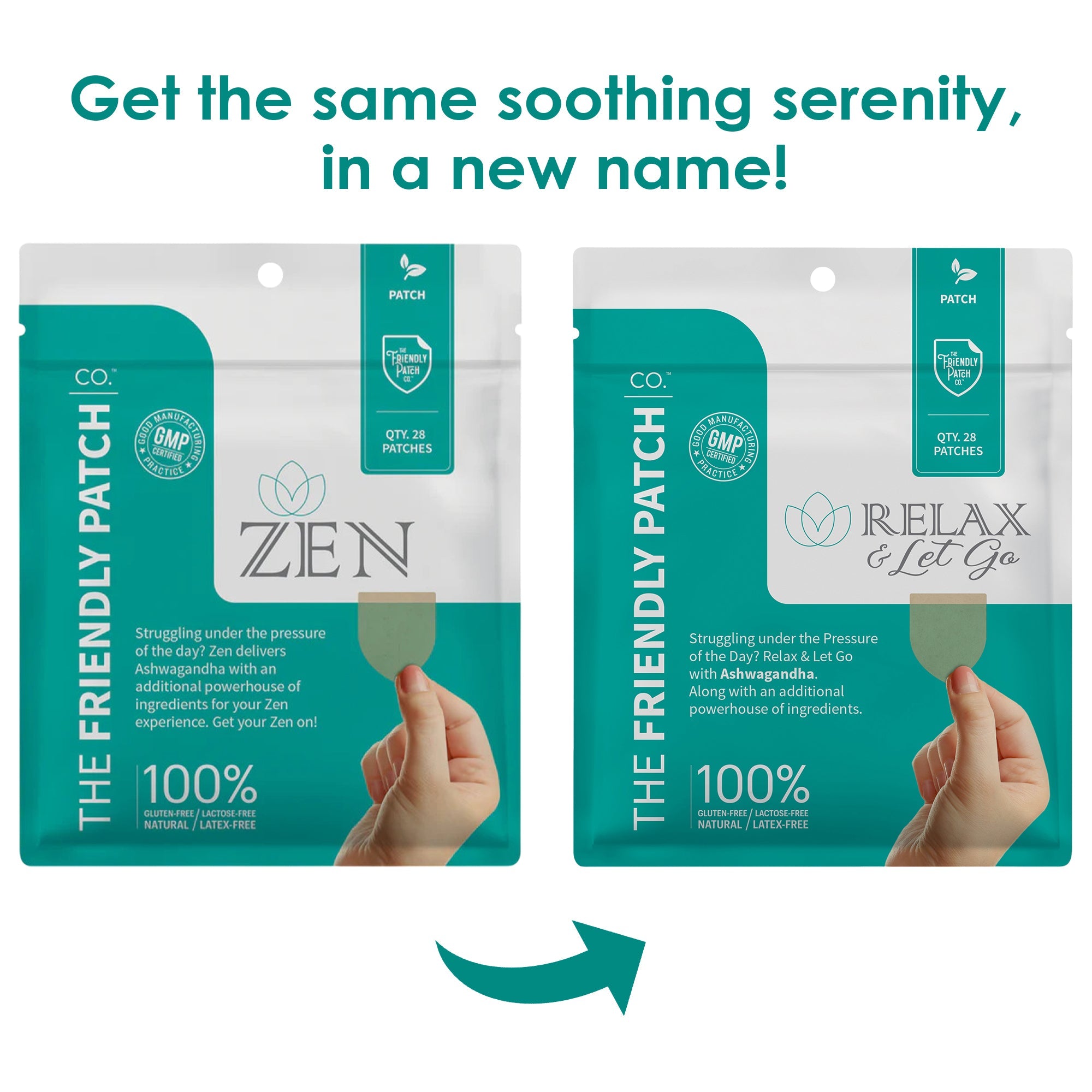 Relax & Let Go Zen stress patches from Friendly Patch Co, featuring Ashwagandha, L-Theanine, and GABA, shown in travel packaging.