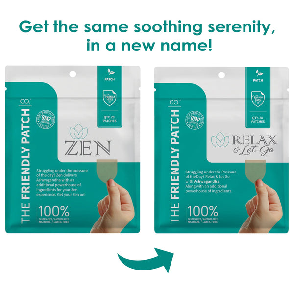 Relax & Let Go Zen stress patches from Friendly Patch Co, featuring Ashwagandha, L-Theanine, and GABA, shown in travel packaging.