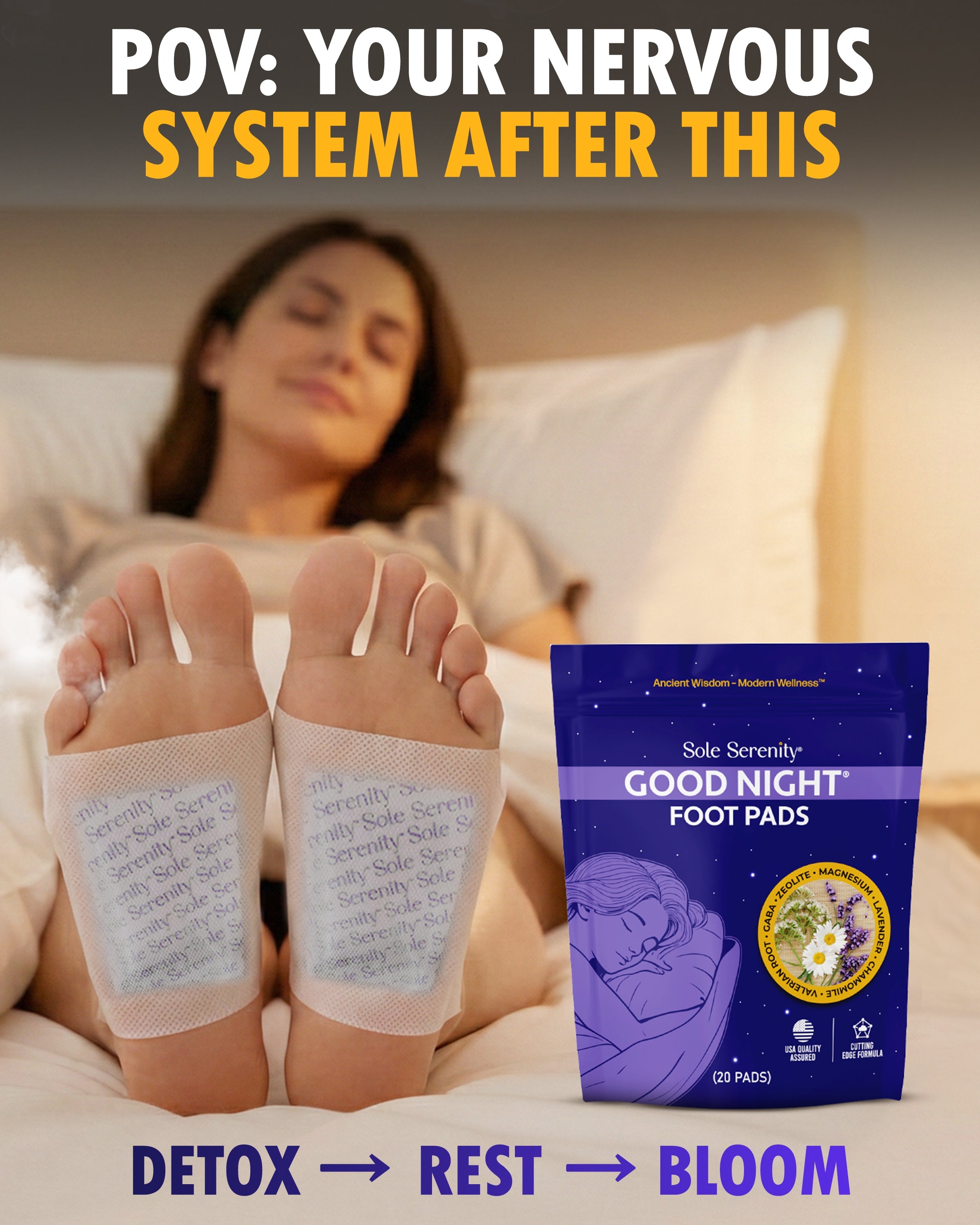 Lure Essentials Good Night Sleep and Detox Foot Pads shown on a foot, with packaging and application details visible.