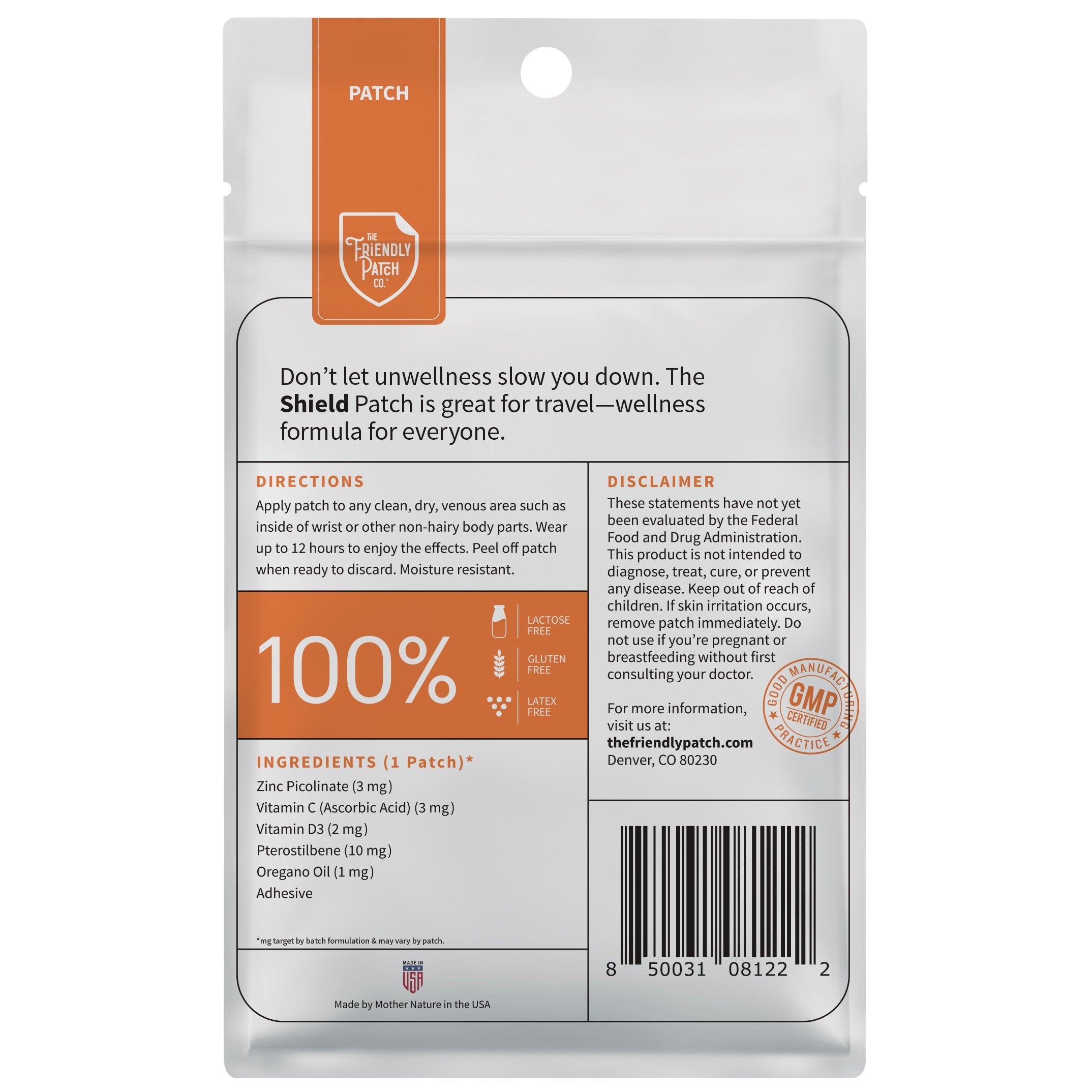 Eight Shield Wellness immunity patches by Friendly Patch Co, wearable skin supplement travel patches shown in a travel pack.