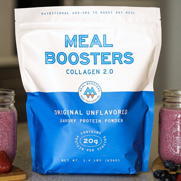 Unflavored grass-fed collagen peptides powder in a resealable pouch, natural protein supplement by Meal Boosters.
