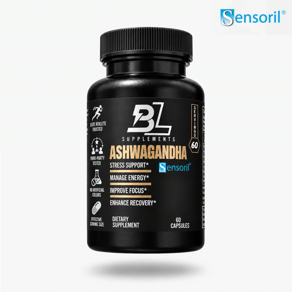 BlackLabel Supplements SENSORIL® Ashwagandha capsules in a bottle, showcasing natural herbal supplement for stress support and overall wellness.