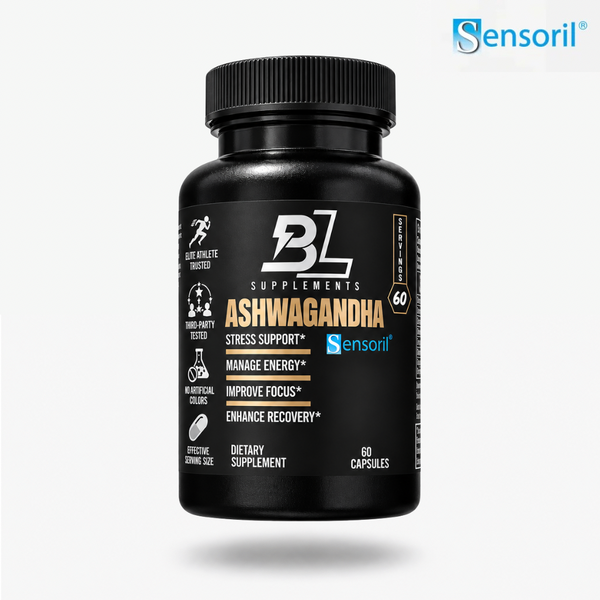 BlackLabel Supplements SENSORIL® Ashwagandha capsules in a bottle, showcasing natural herbal supplement for stress support and overall wellness.