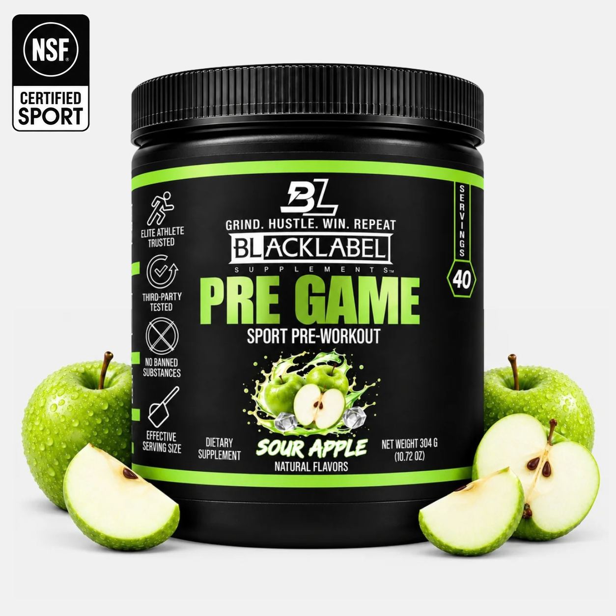 Blacklabel Supplements PRE GAME pre-workout powder in a container with a scoop and label visible.