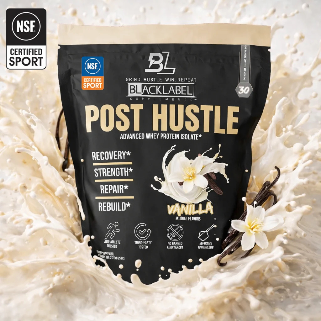 BlackLabel Supplements POST HUSTLE supplement bottle with label, showcasing a sleek design for post-workout recovery.