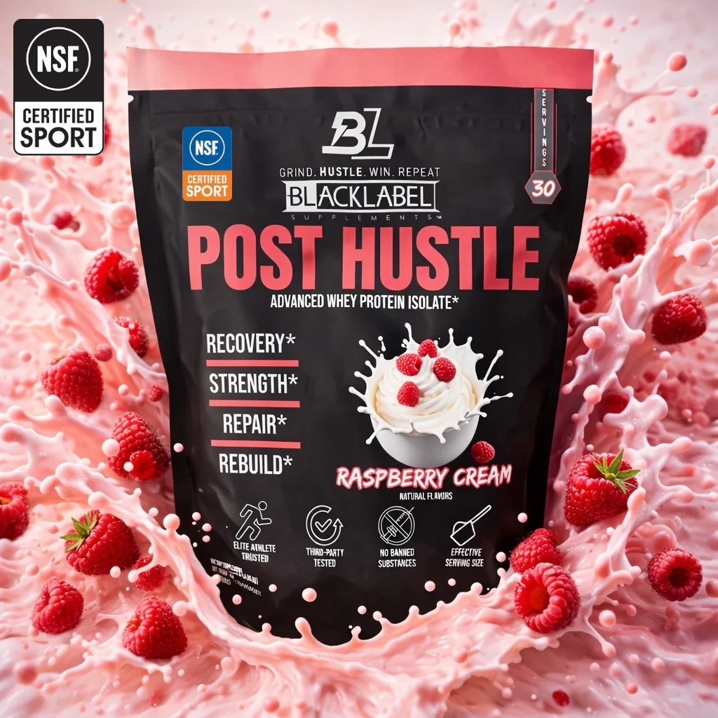 BlackLabel Supplements Post Hustle supplement bottle with label, featuring a sleek black design and supplement information on the label.