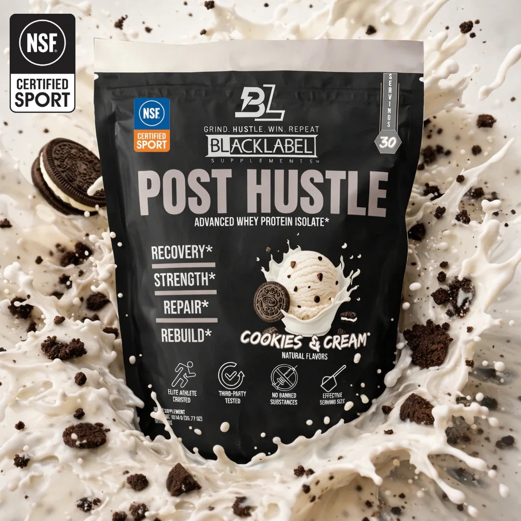 Blacklabel Supplements POST HUSTLE supplement container with label, featuring bold black and white design and product details.
