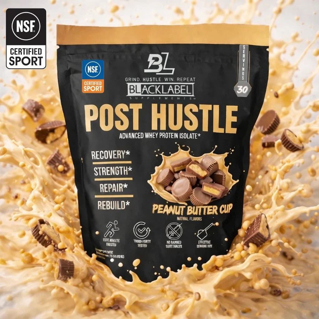 BlackLabel Supplements Post Hustle supplement container with label design, featuring product name and branding for muscle recovery.