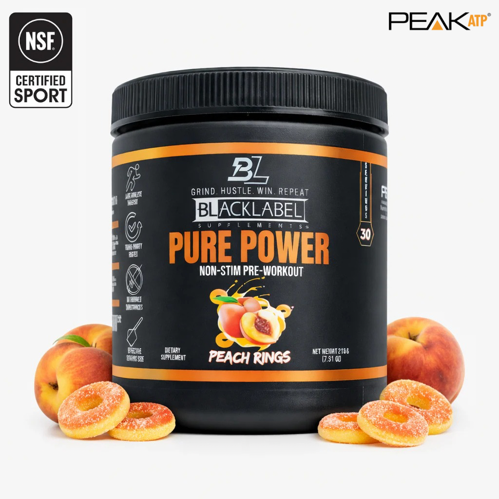 Blacklabel Supplements PURE POWER vitamins and supplements bottle with label visible, showcasing nutritional information and branding.