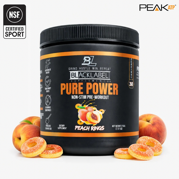 Blacklabel Supplements Pure Power Non-Stim Pre-Workout Powder container with label showing supplement details and branding.