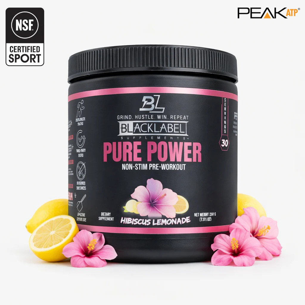 BlackLabel Supplements PURE POWER vitamins and supplements bottle with label visible, showcasing dietary supplement packaging.