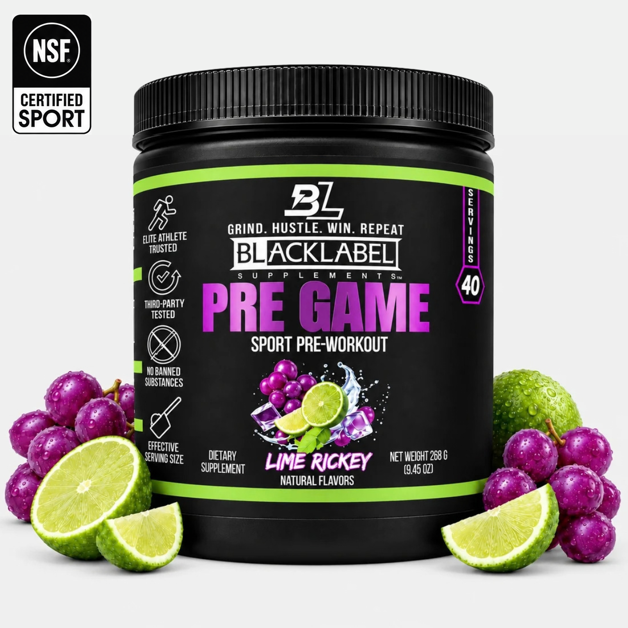 BlackLabel Supplements PRE GAME pre-workout powder in a container with scoop, featuring vibrant packaging and supplement labels.