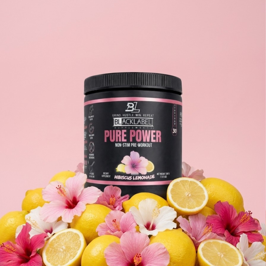 Blacklabel Supplements PURE POWER vitamins and supplements bottle with label and cap, showcasing the product packaging.