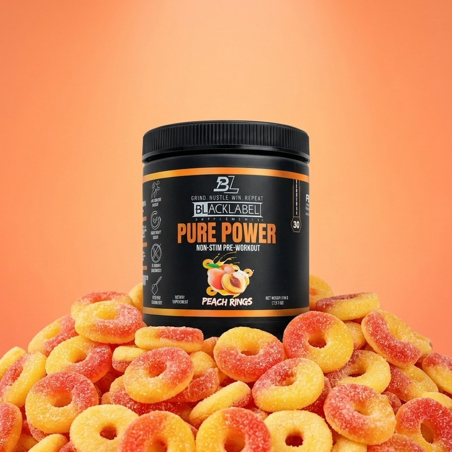 Blacklabel Supplements PURE POWER vitamins and supplements bottle with label, showing a sleek design and vibrant branding.
