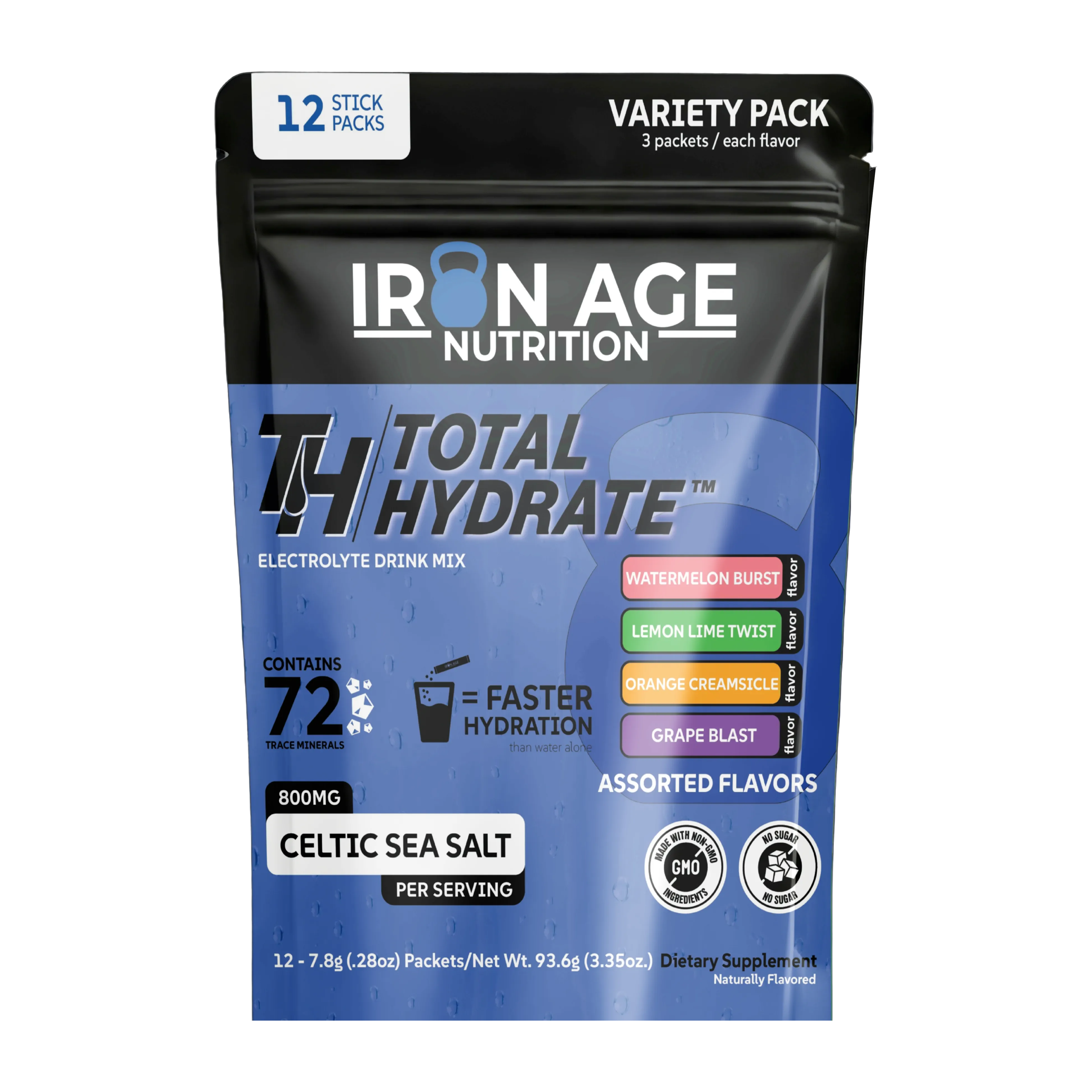 Iron Age Nutrition Total Hydrate electrolyte powder variety pack in a colorful bag, showing multiple flavor packets.