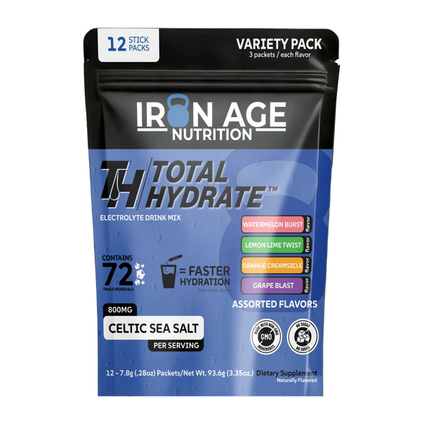 Iron Age Nutrition Total Hydrate electrolyte powder variety pack in a colorful bag, showing multiple flavor packets.