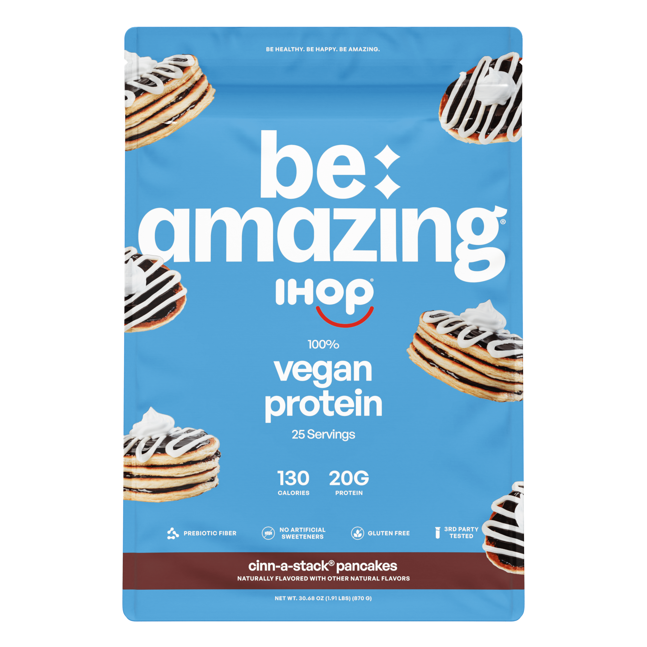 Be Amazing vegan protein powder in cinnamon flavor shown in a bag with scoop and cinnamon sticks on a white background.