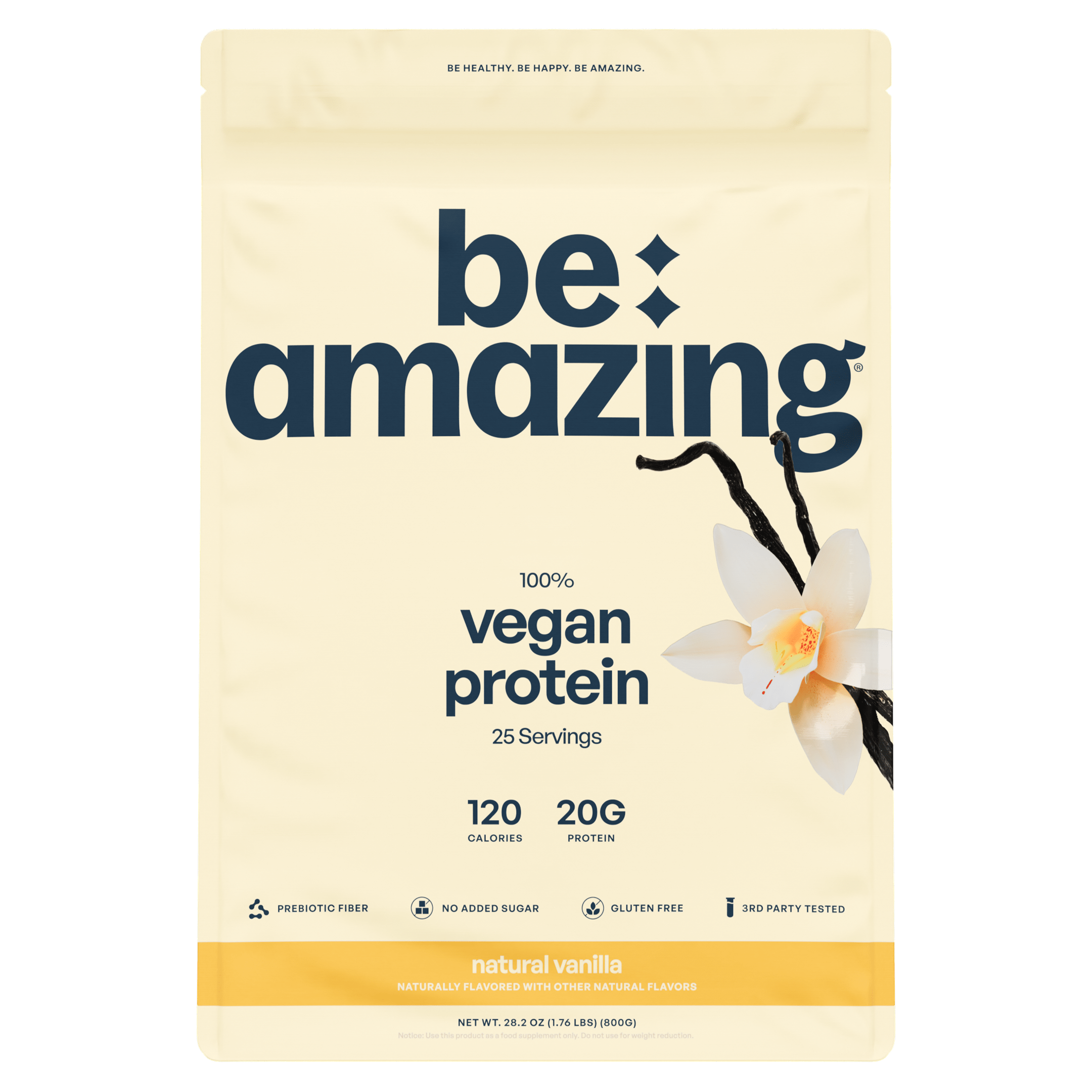 Be Amazing vegan protein powder in natural vanilla flavor, showing the plant-based powder in a clear container.
