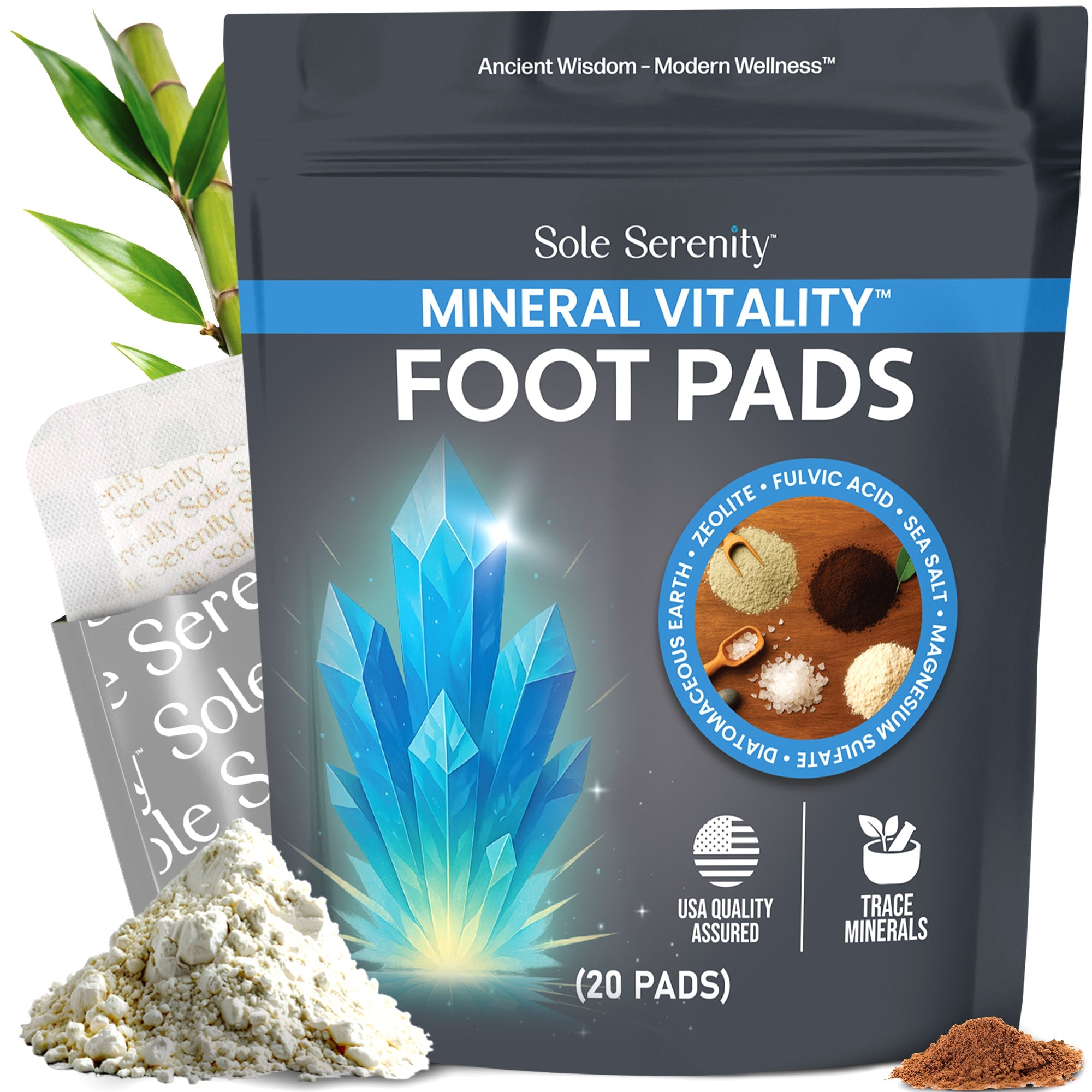 Lure Essentials Vital Minerals and Good Night Sleep foot pads, 2-pack bundle, with visible ingredients on the packaging.