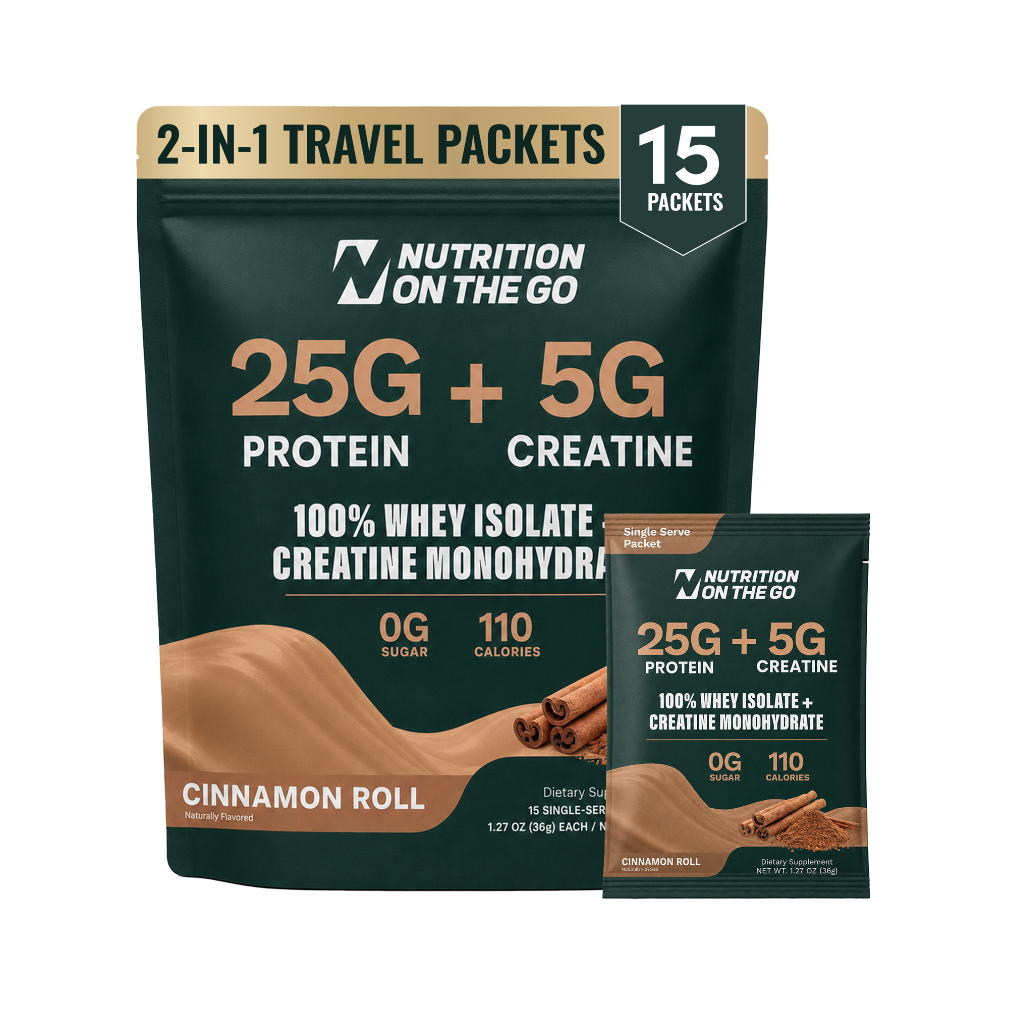 Single-serve packets of Nutrition On The Go Whey Protein Isolate with Creatine, showing individual powder sachets for easy nutrition.