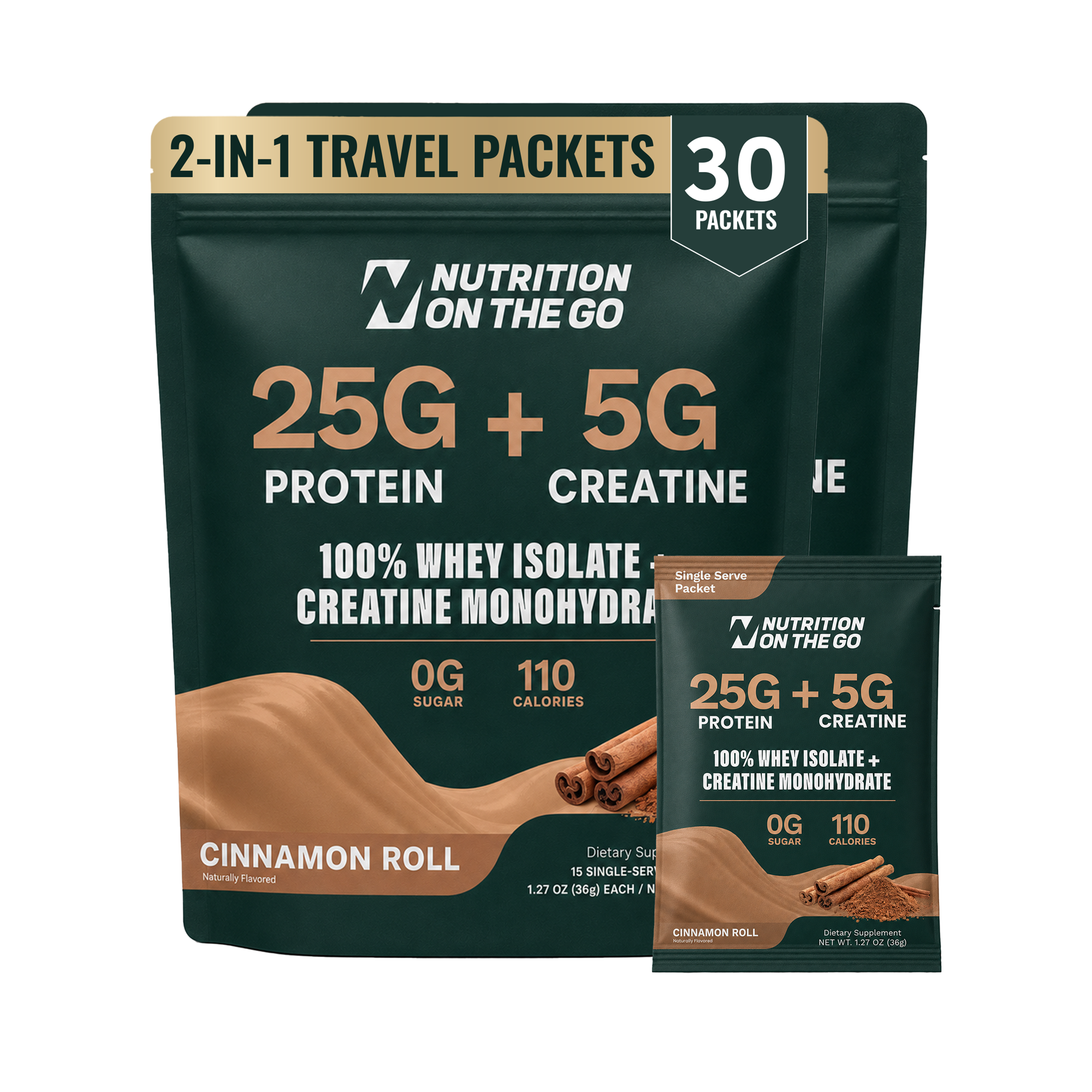 Single-serve packets of Nutrition On The Go Whey Protein Isolate with Creatine, featuring sleek packaging and easy-to-open design.