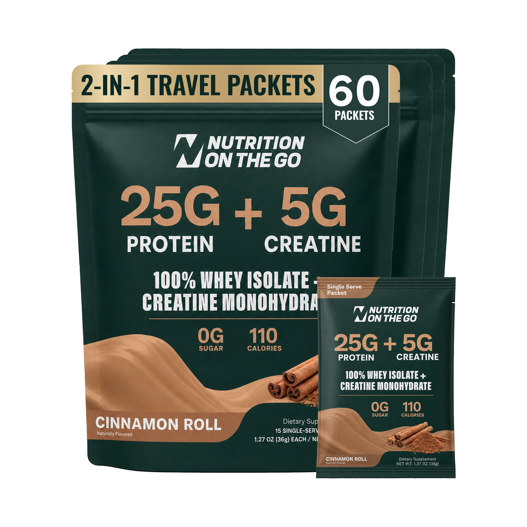 Single-serve packet of Nutrition On The Go Whey Protein Isolate with Creatine, showing the product packaging.