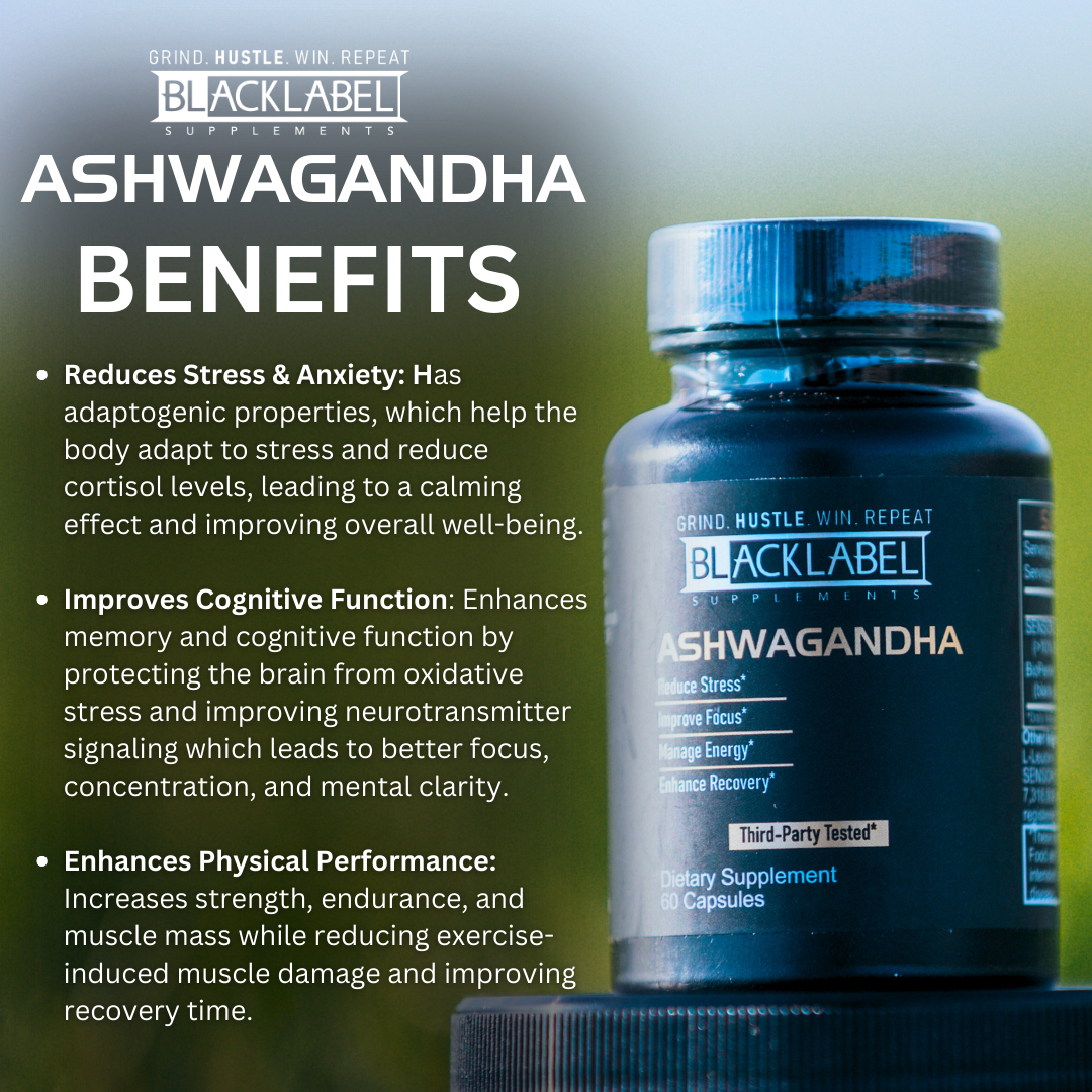 BlackLabel Supplements SENSORIL® Ashwagandha supplement bottle with label and cap, showcasing the product packaging.