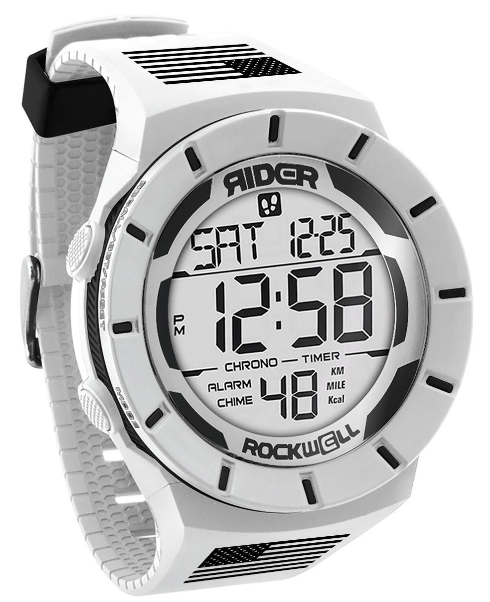 Digital Coliseum Fit™ Freedom Edition watch by Rockwell Time in white and black, showing the watch face and strap details.