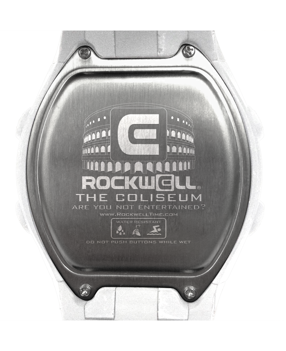 Digital Coliseum Fit™ Freedom Edition watch by Rockwell Time featuring a white caseback with black accents.