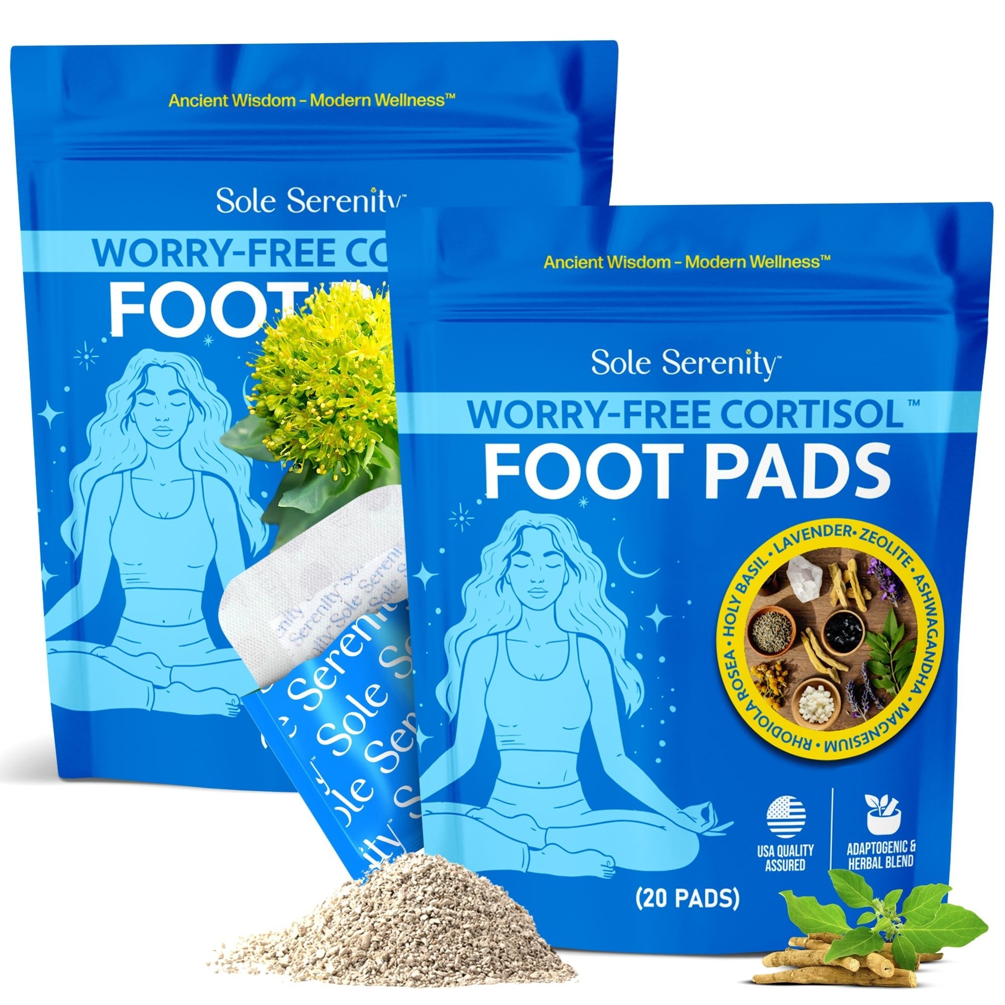 Lure Essentials cortisol detox foot pads applied to soles, showing two packs with natural ingredients for foot detox.
