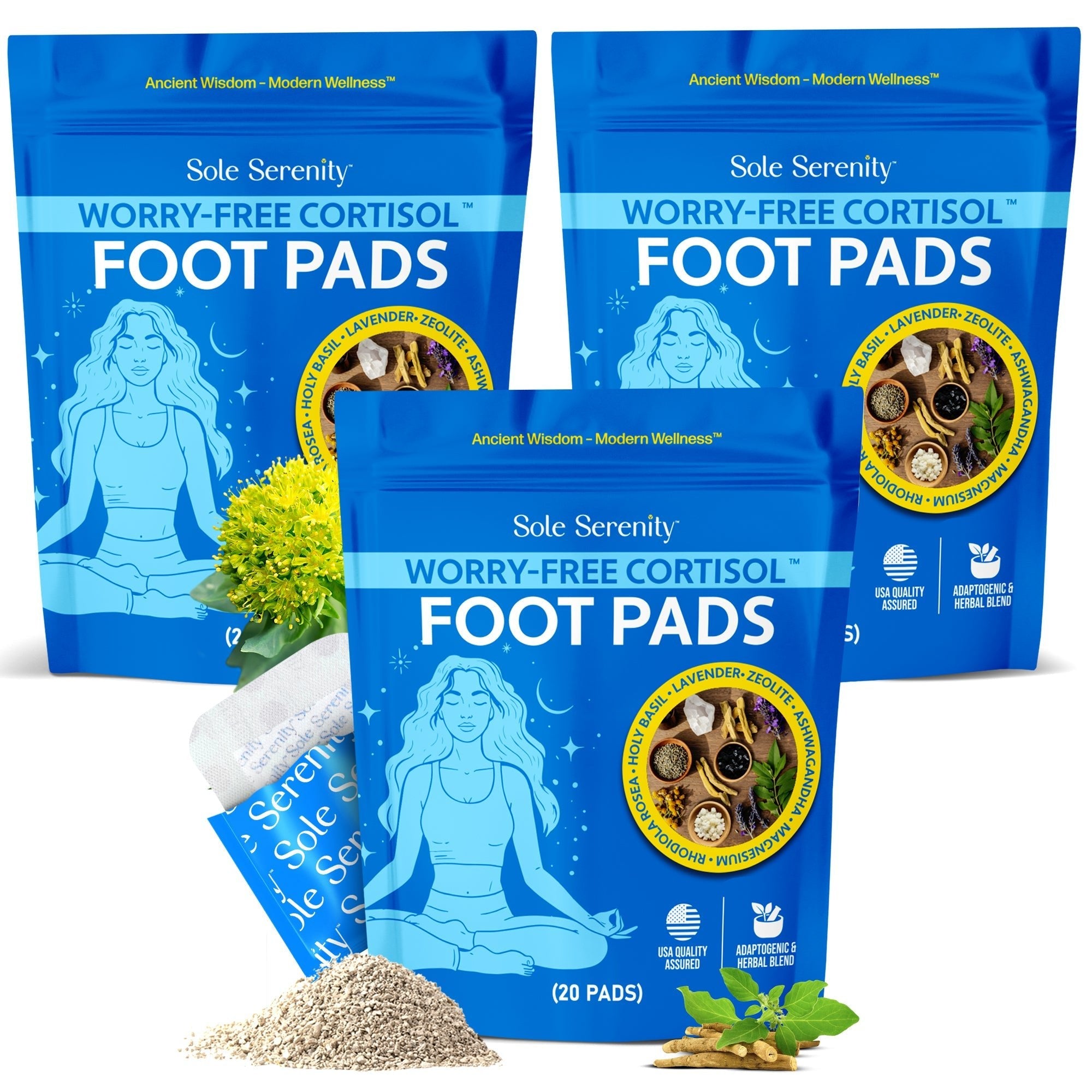 Lure Essentials cortisol detox foot pads worn on feet, showing packaging of three packs for natural toxin removal and relaxation.