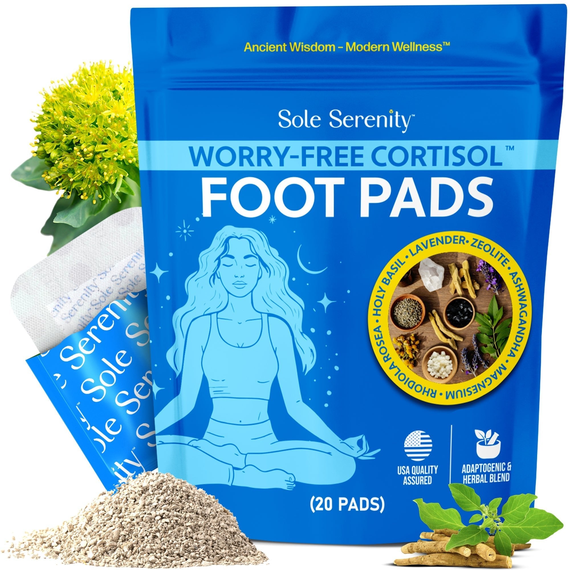 Lure Essentials WorryFree foot pads for neuropathy and cortisol detox, showing adhesive pads on feet for natural relief.