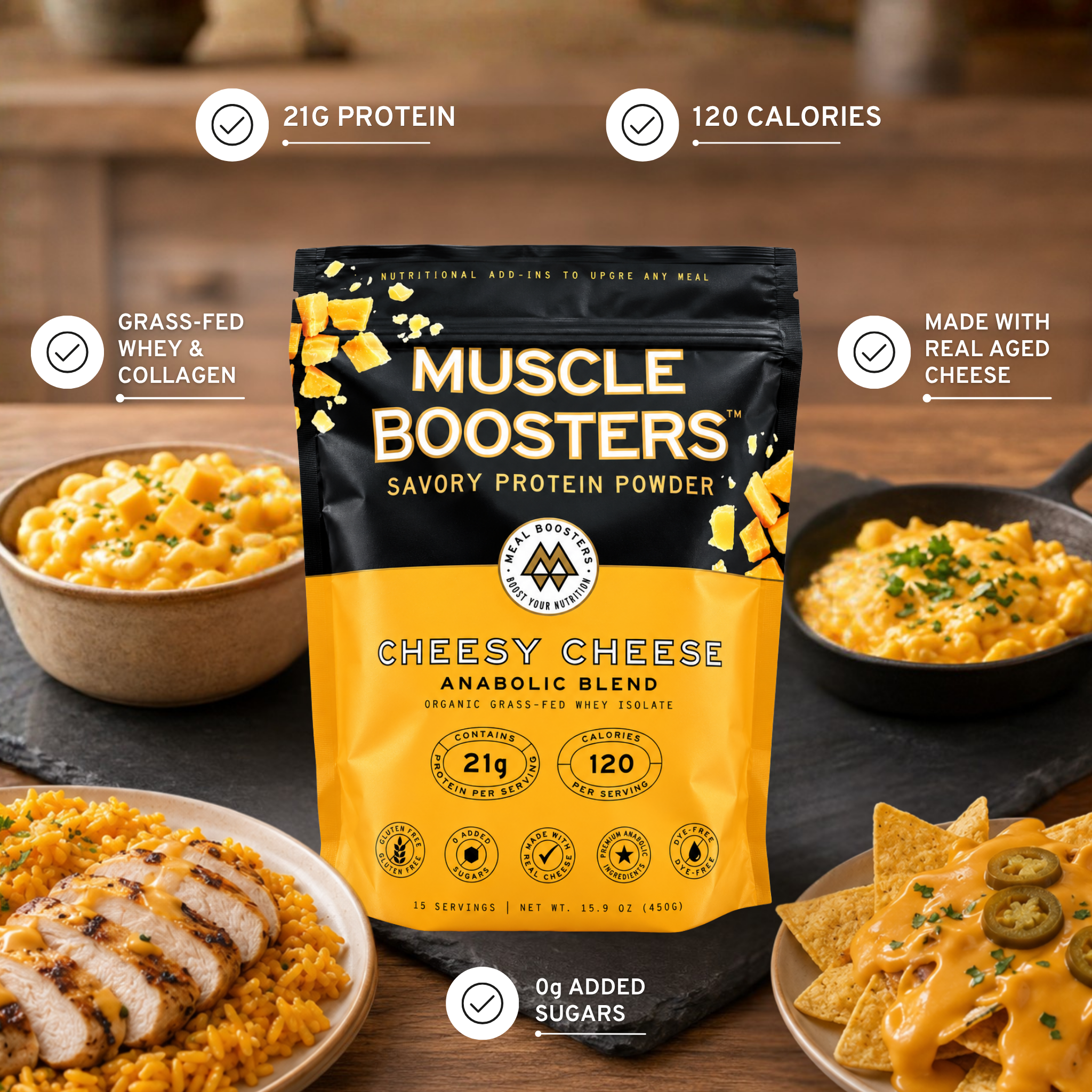 Meal Boosters Cheesy Cheese Muscle Boosters protein powder tub with label, showcasing cheesy flavor and anabolic blend ingredients.