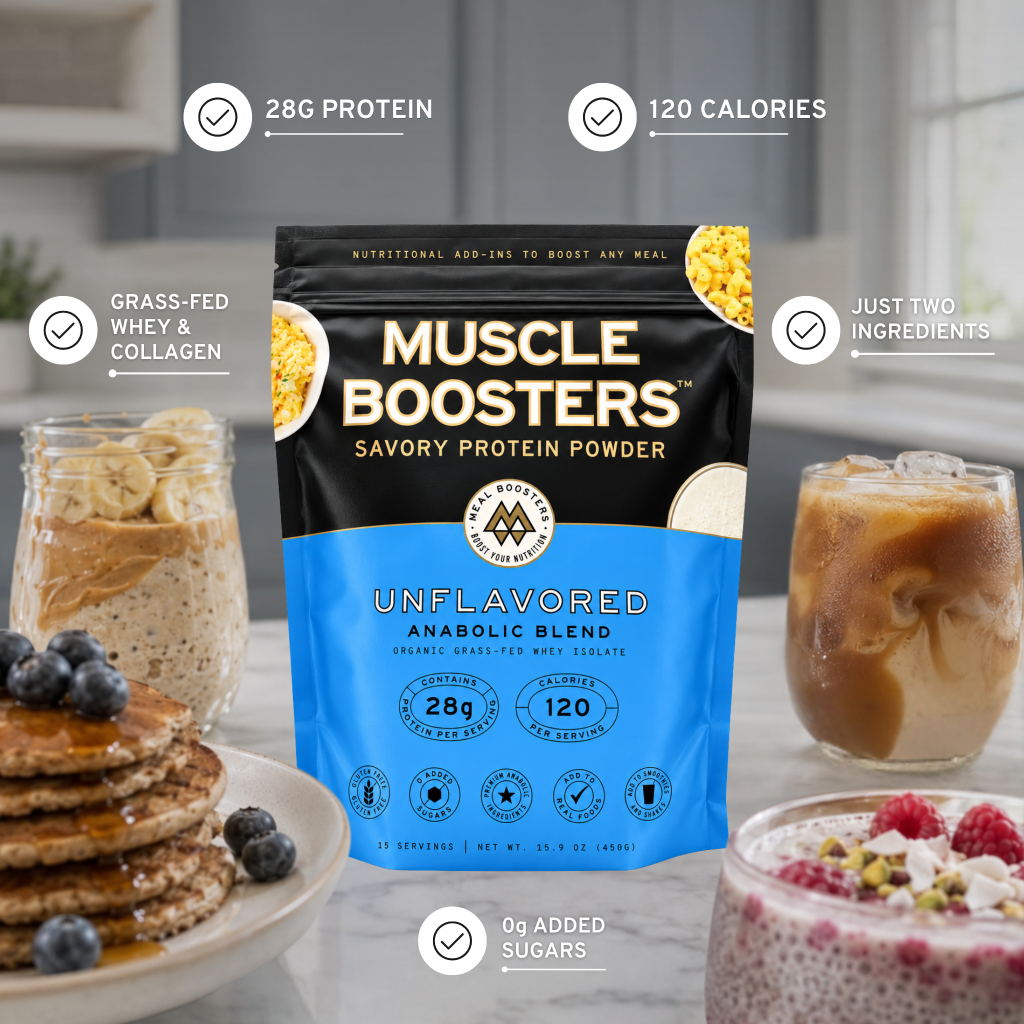 Unflavored Muscle Boosters Anabolic Blend protein powder in a container, designed for muscle support and recovery.