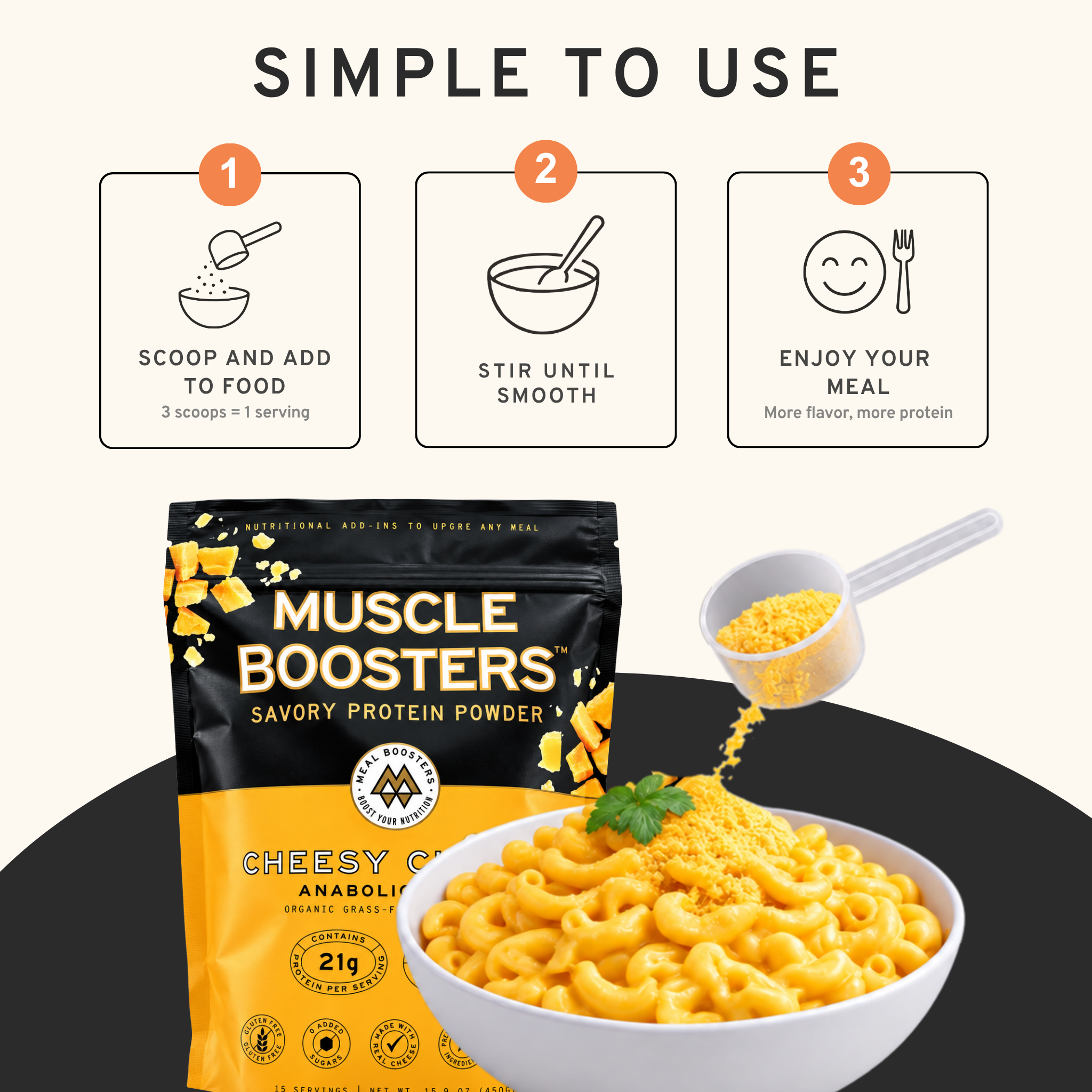Meal Boosters Cheesy Cheese Muscle Boosters protein powder container with label showing cheesy cheese flavor and anabolic blend.