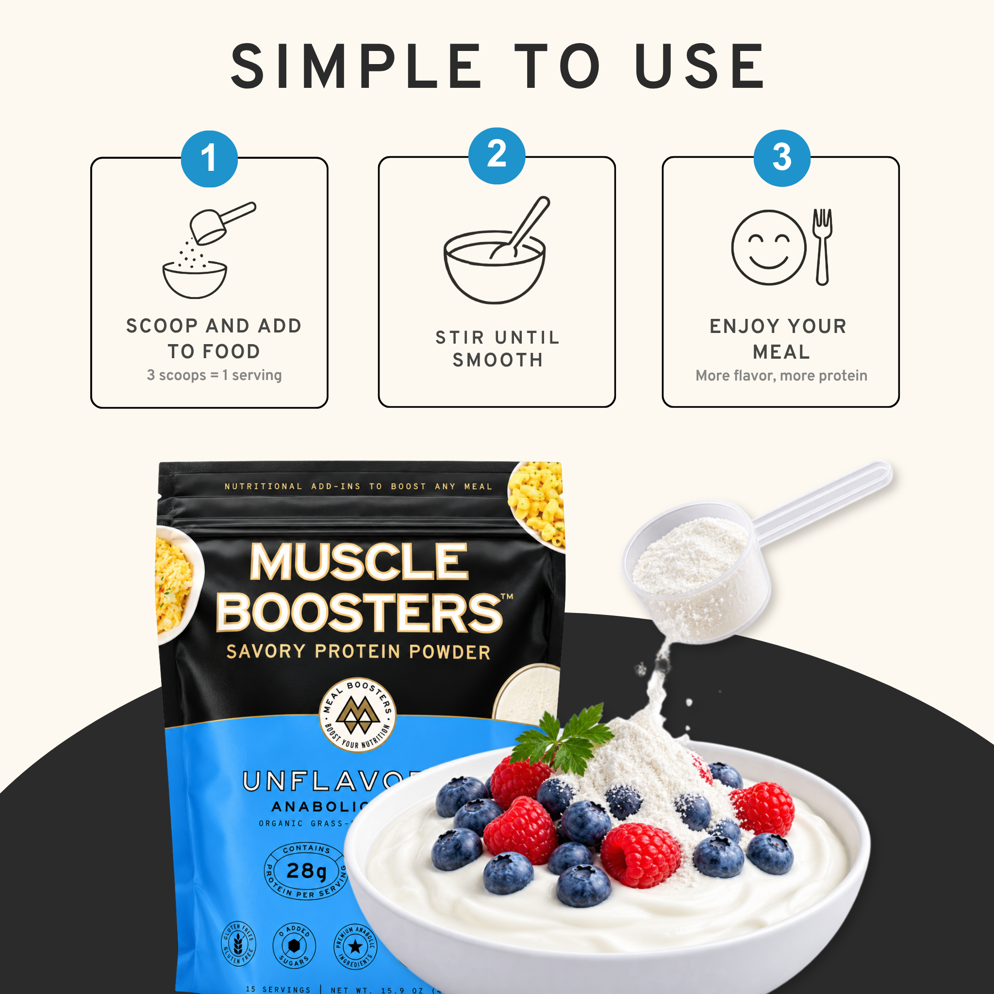Unflavored Meal Boosters Muscle Boosters protein powder container, showcasing the anabolic blend for muscle support.
