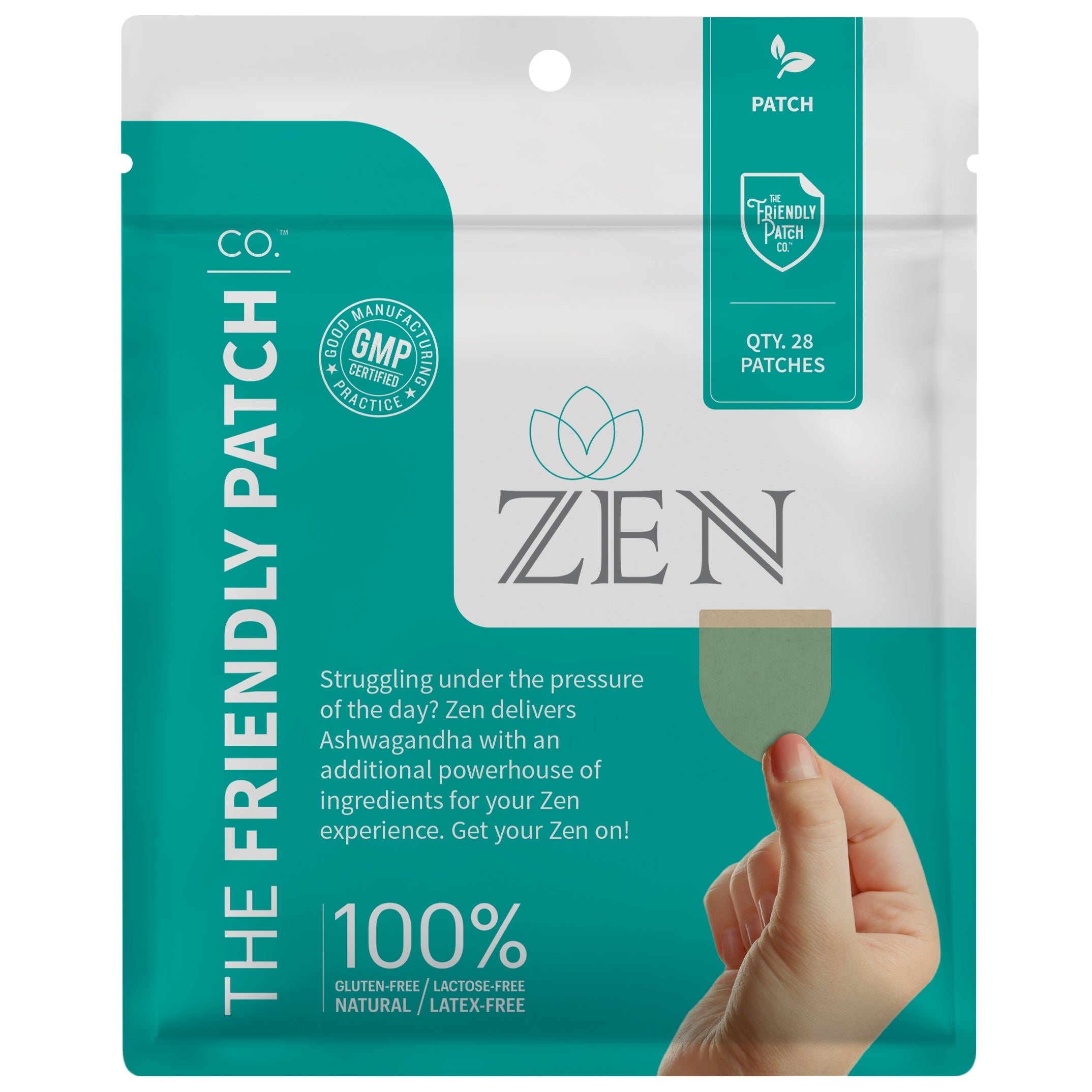 Wearable Zen stress patches with Ashwagandha, L-Theanine, and GABA from Friendly Patch Co, designed to reduce stress and promote relaxation.