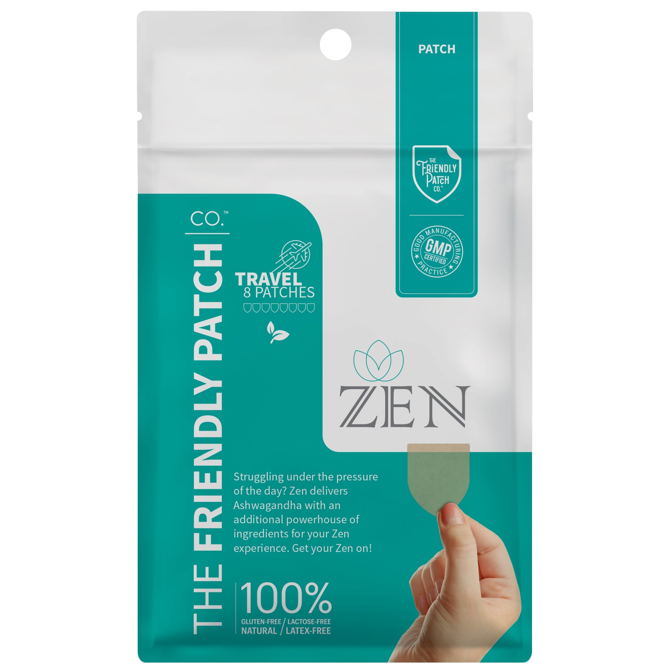 Eight Zen Relax & Let Go travel patches by Friendly Patch Co, wearable skin supplements for stress relief and calm.