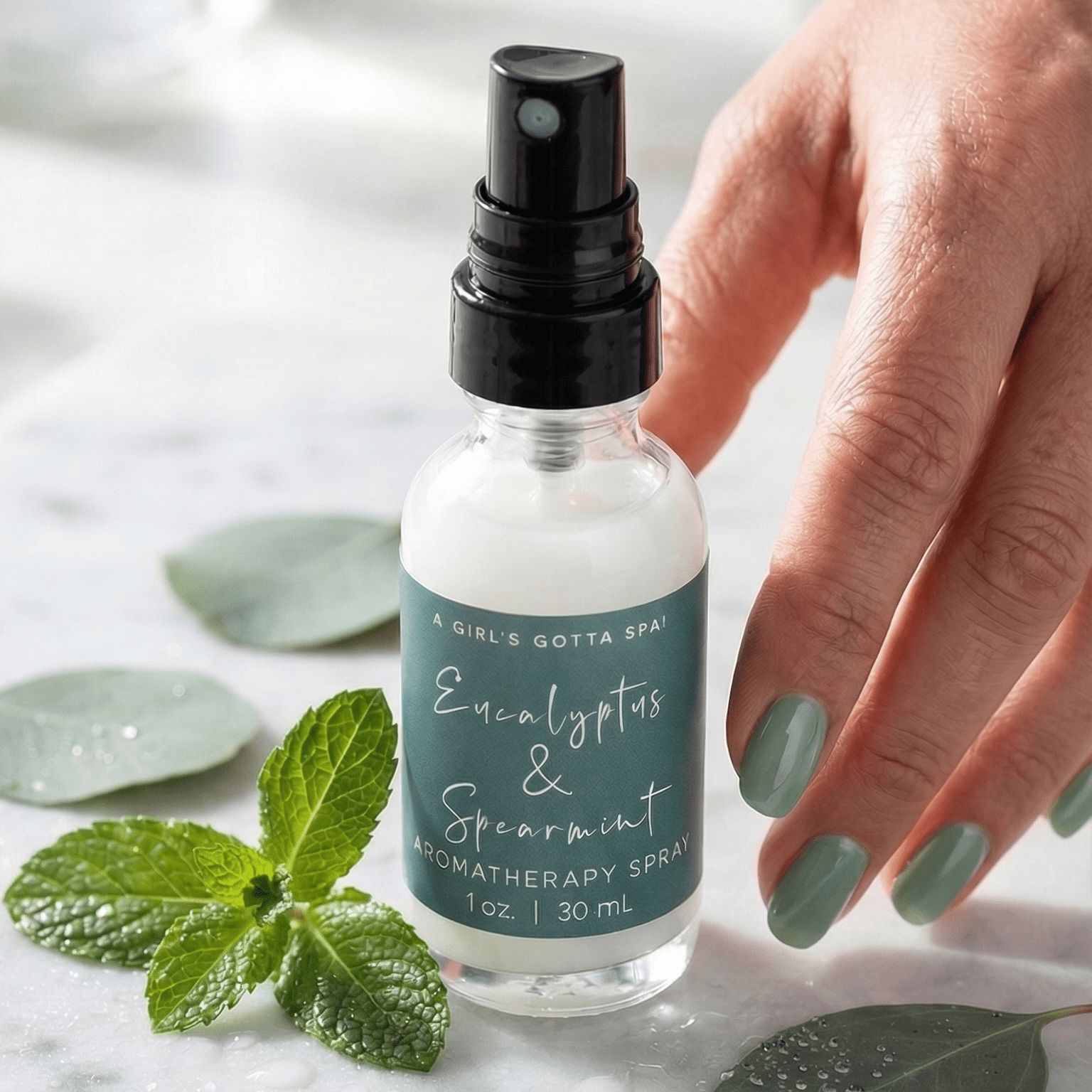 Eucalyptus and spearmint aromatherapy spray bottle from A Girl's Gotta Spa! natural wellness mist for relaxation.