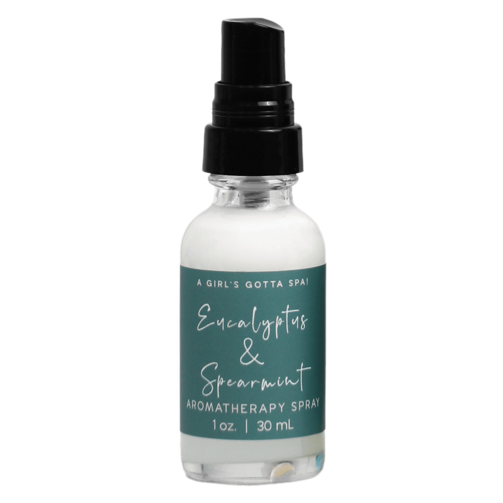 A Girl's Gotta Spa! eucalyptus and spearmint aromatherapy spray bottle with fresh, herbal scent, displayed on a neutral background.